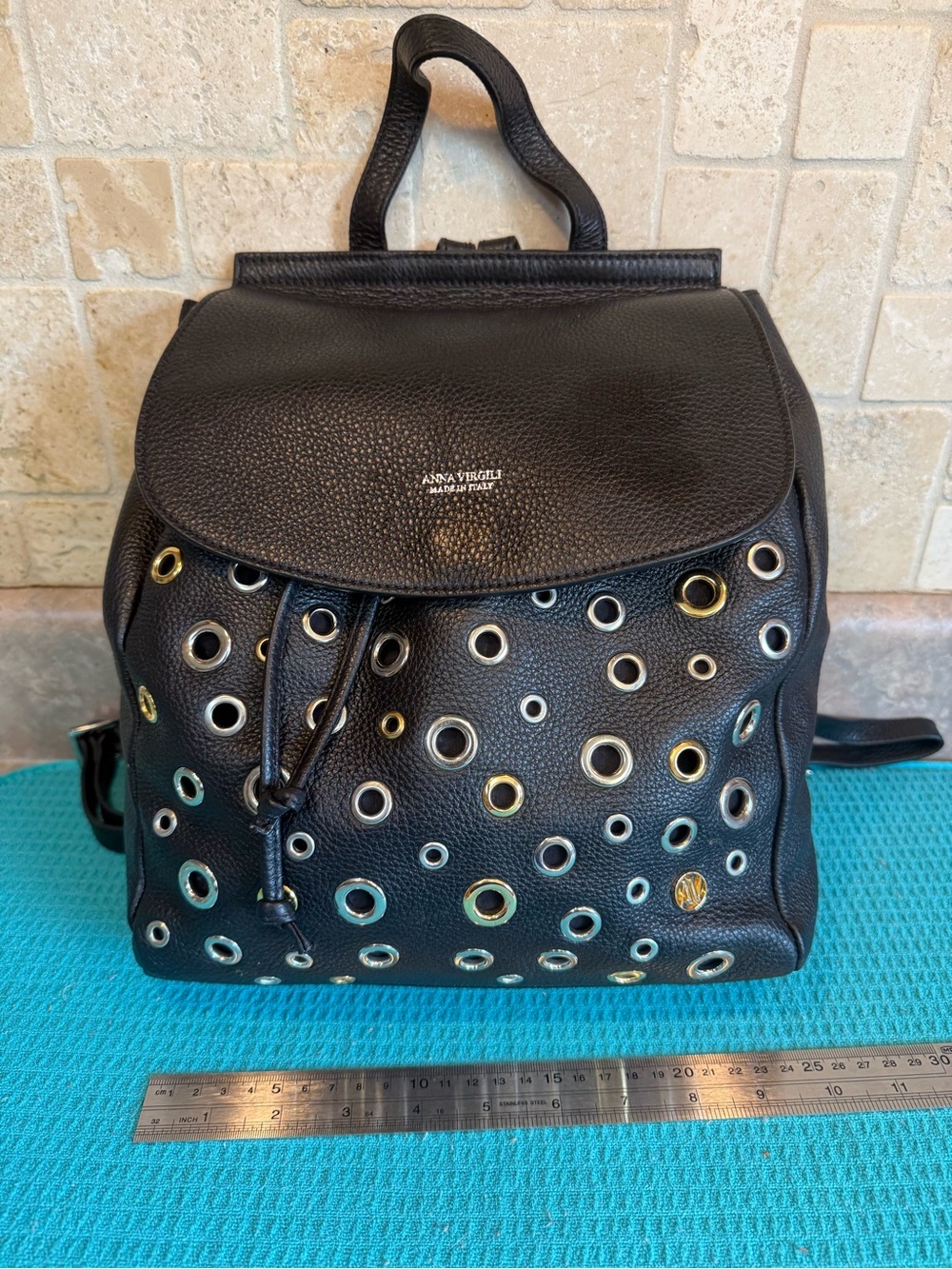 Anna Virgili Made In Italy Black Grommet Leather Backpack